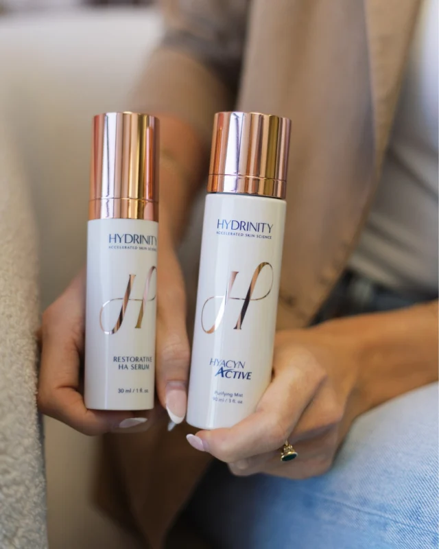 Hydration and healing, elevated.  We’re reaching for two standouts from Hydrinity: the Restorative HA Serum and Hyacyn Active. The Restorative HA Serum delivers deep, multi-level hydration while supporting skin repair, making it ideal post-procedure or anytime your skin needs a reset. Paired with Hyacyn Active, a purifying mist that helps calm, cleanse, and support the skin barrier, this duo works to keep skin balanced, resilient, and visibly refreshed.  Simple, effective skincare that supports your results every step of the way.
